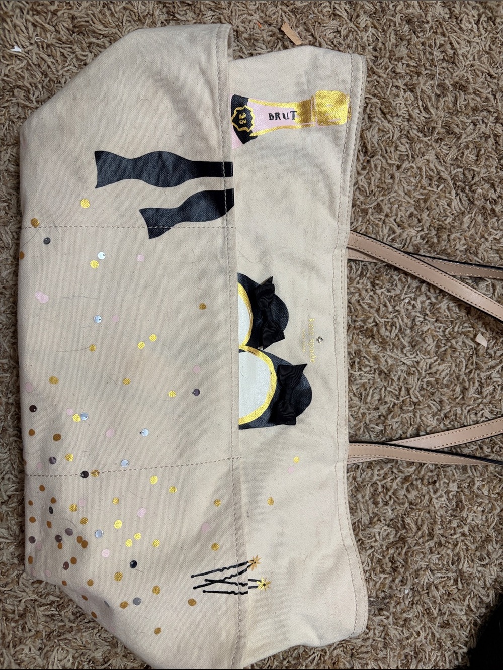 Kate Spade ‘Cheers Darling’ Tote Beige Canvas Tote with Confetti and Bow Detail